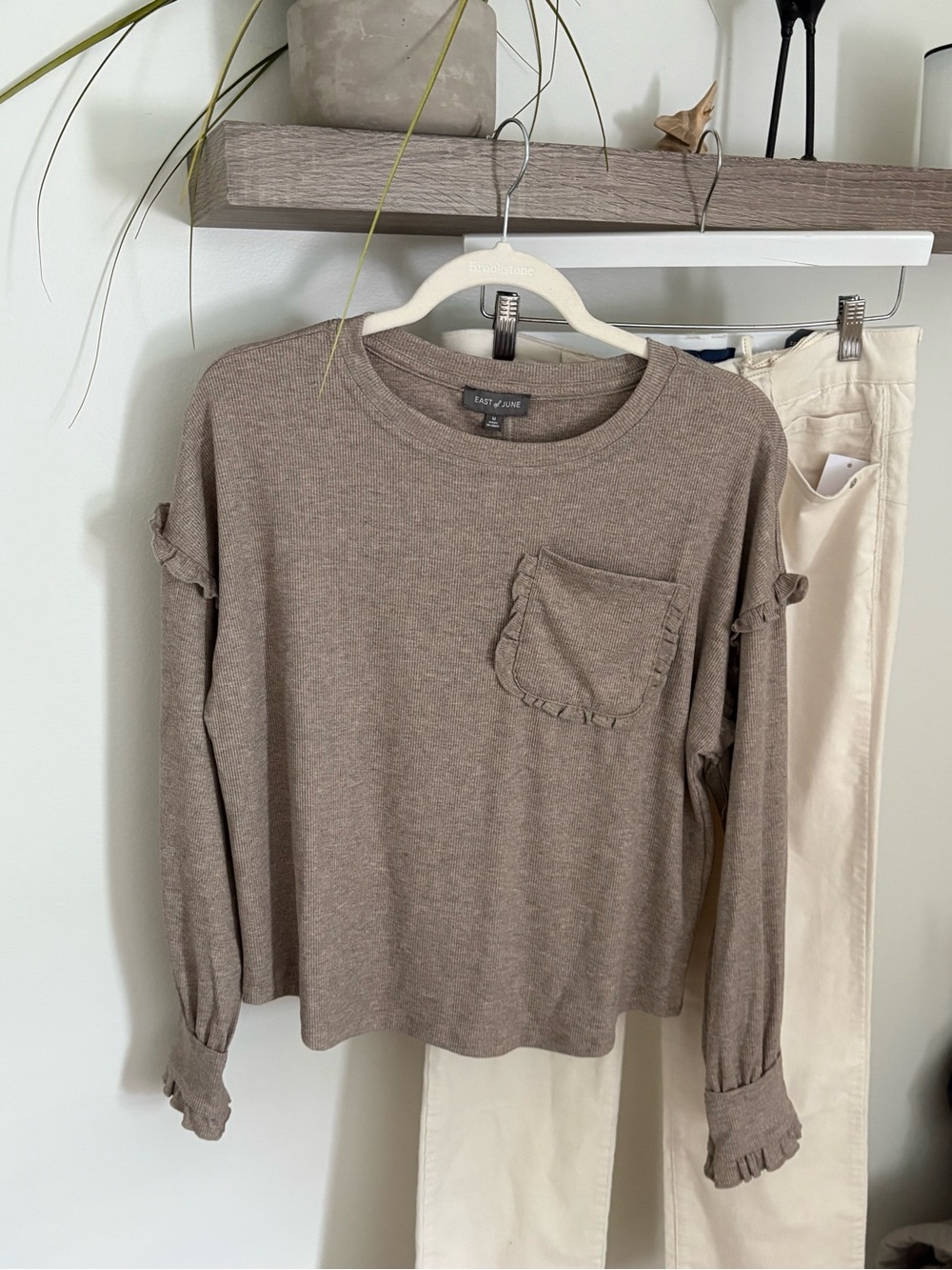 Easy Weekend Ruffle-Trim Long Sleeve Top — Brown